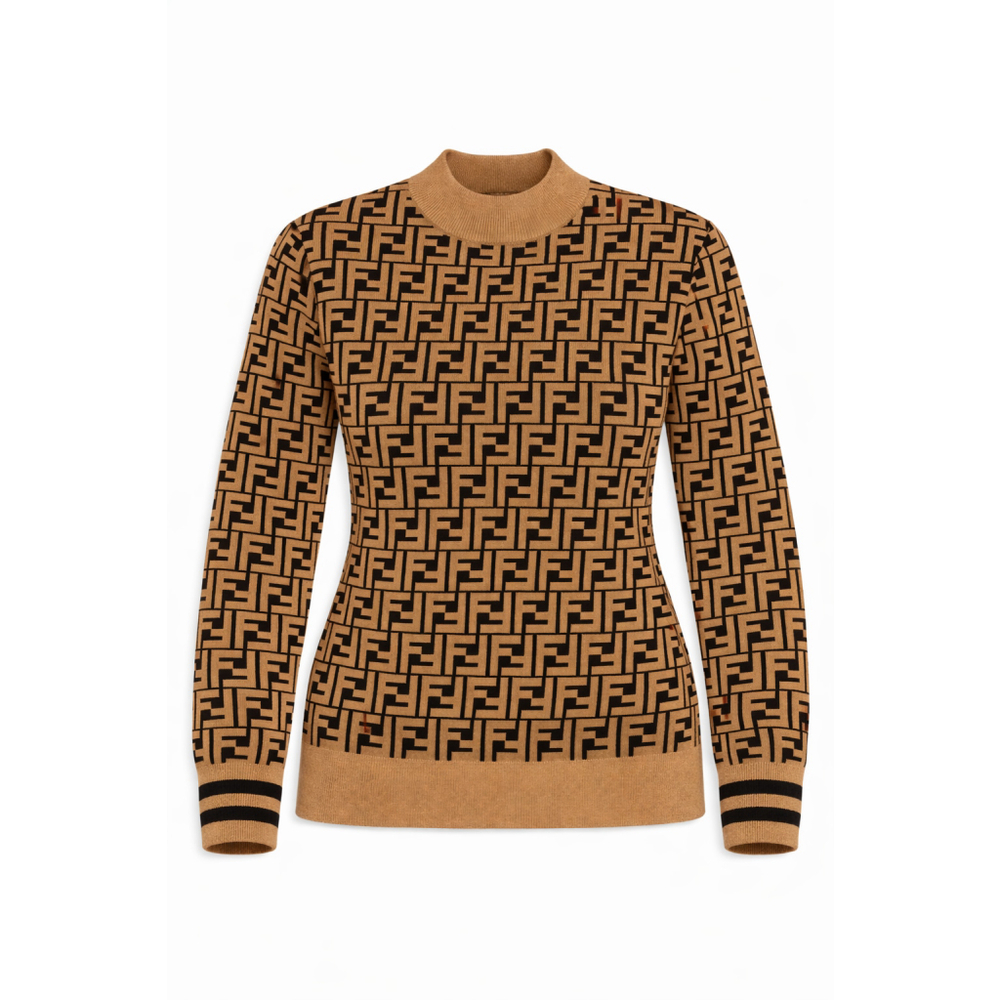 NWT Fendi Women's Zucca FF Logo Sweater Tan/Black Knit Crewneck Sz M Italy Made - Picture 1 of 11